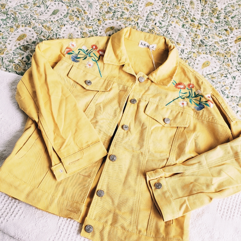 Yellow jean jacket w/ floral embroidery